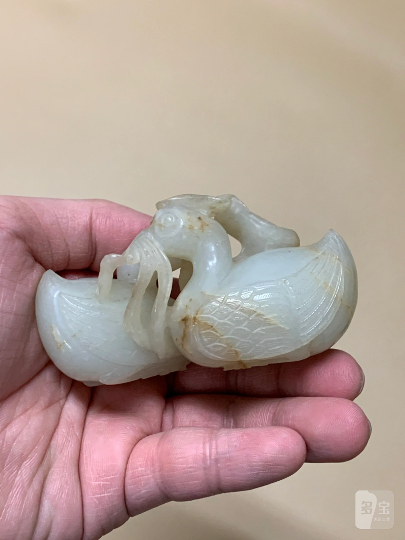 清 白玉荷花鸳鸯如意摆件 - 图4